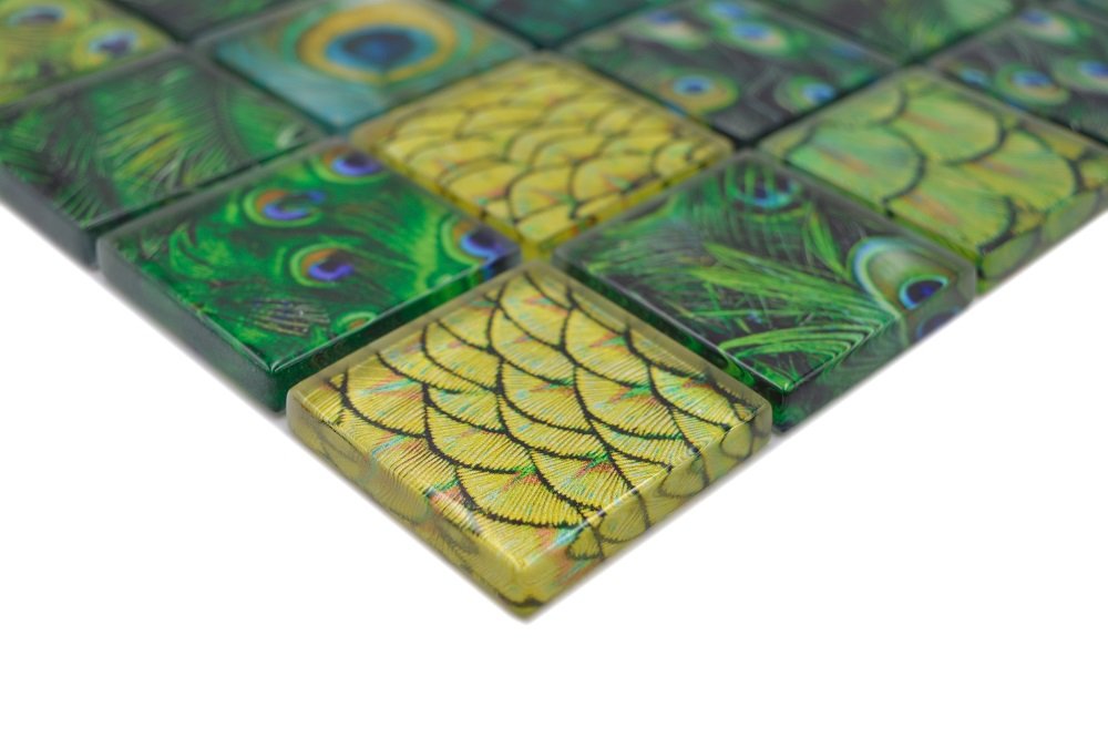 Mosaikfliesen Quadrat Crystal Wildlife Pfau grün glänzend 29,8x29,8cm