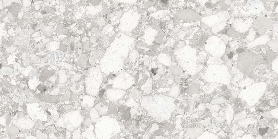 Fliese Terrazzo-Steinoptik weiß glänzend "Veni Pearl" rektifiziert
