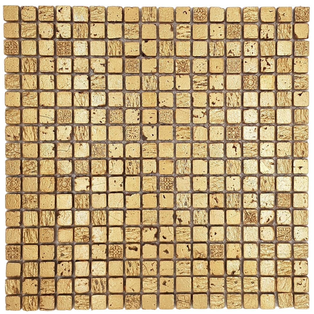 Mosaikfliesen Naturstein gold glänzend mit Prägung 30x30cm auf Netz