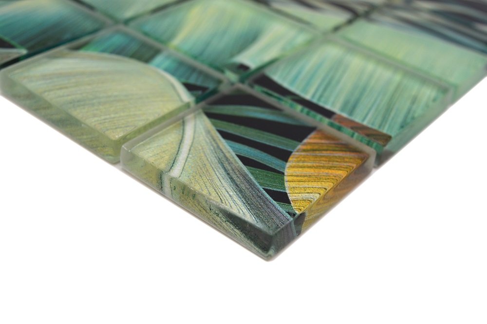 Mosaikfliesen Quadrat Crystal Regenwald grün gold glänzend 29,8x29,8cm