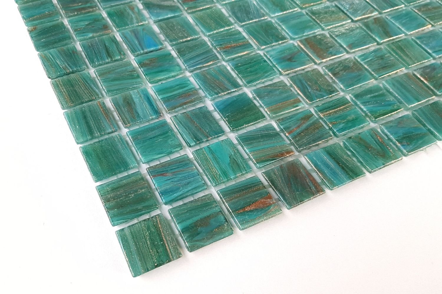 Mosaikfliesen Glas türkis Goldschimmer glänzend 30,5x30,5cm auf Netz