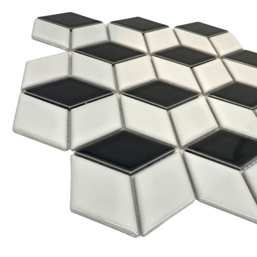 Mosaikfliesen 3D Würfel weiß/schwarz glänzend 26,6cmx30,5cm Netzverklebt