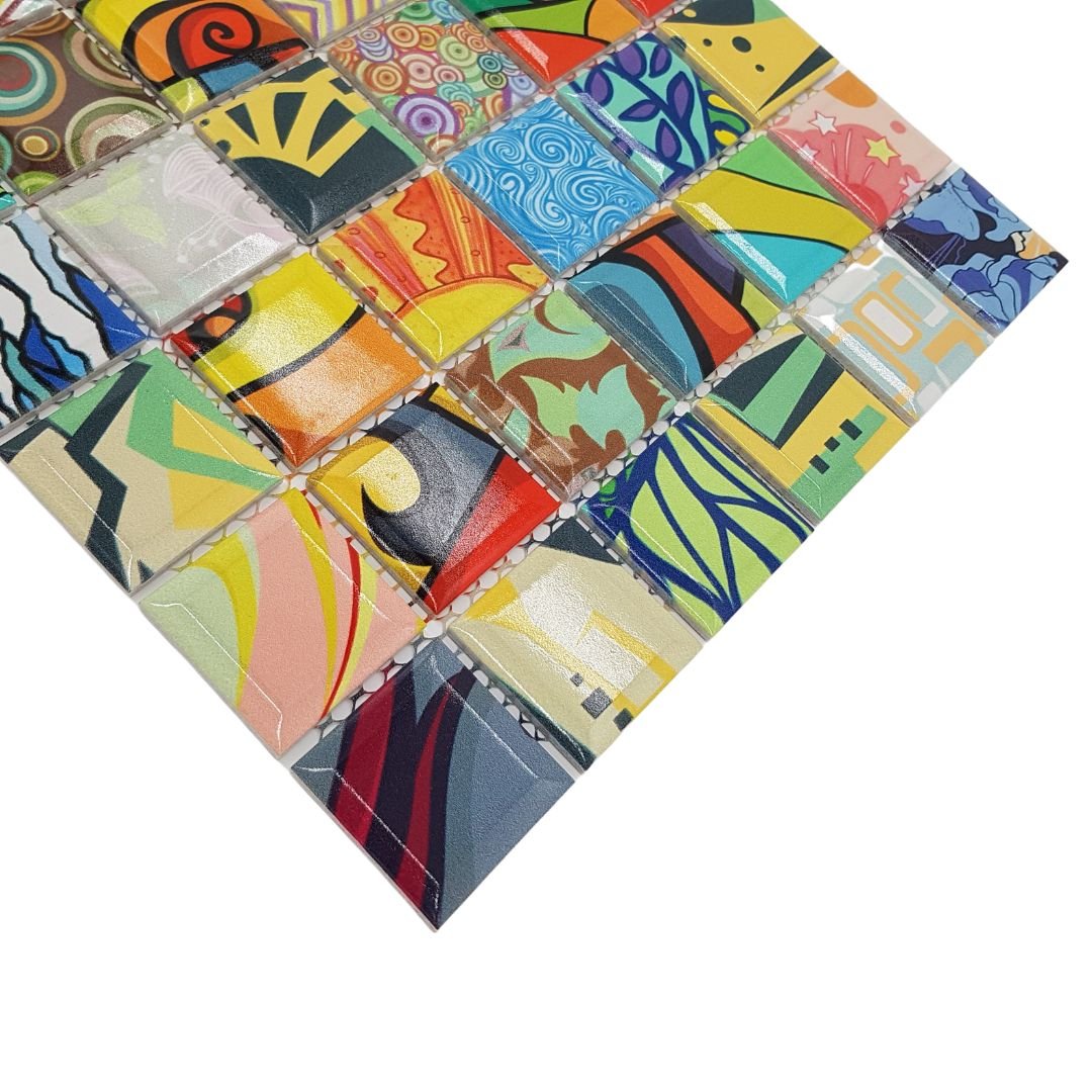 Mosaikfliesen Pop-Art Retro-Style bunt glänzend 29,1x29,1cm auf Netz