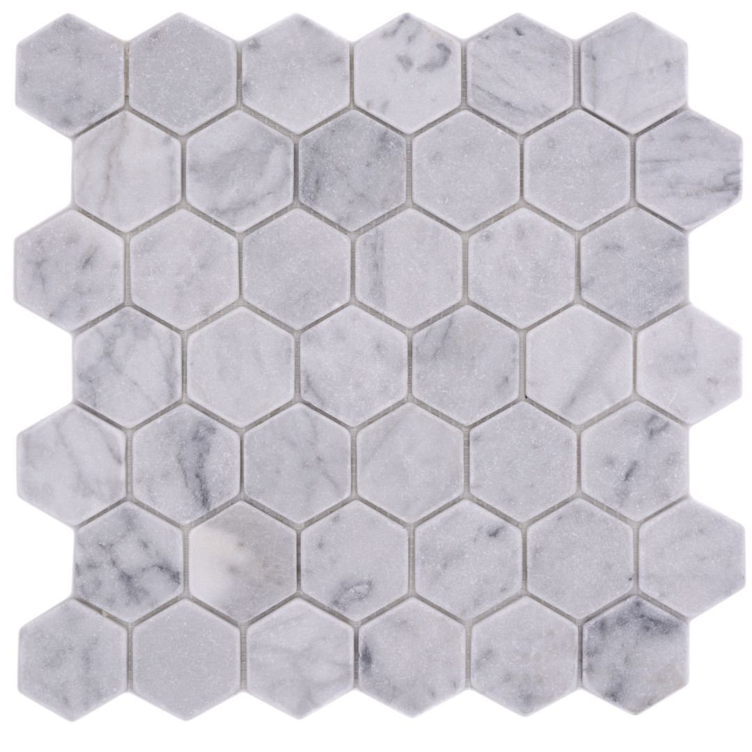 Mosaikfliesen Sechseck Hexagon Carrara-Marmor-Optik matt 29,8x30,5cm auf Netz