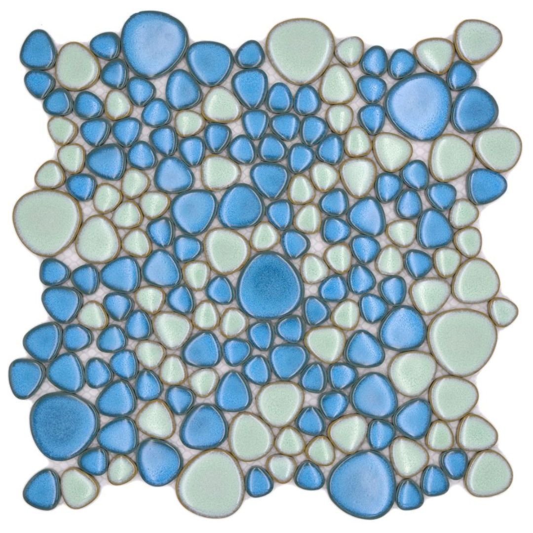 Mosaik Keramik Kiesel hellblau/hellgrün glänzend 30x30 cm