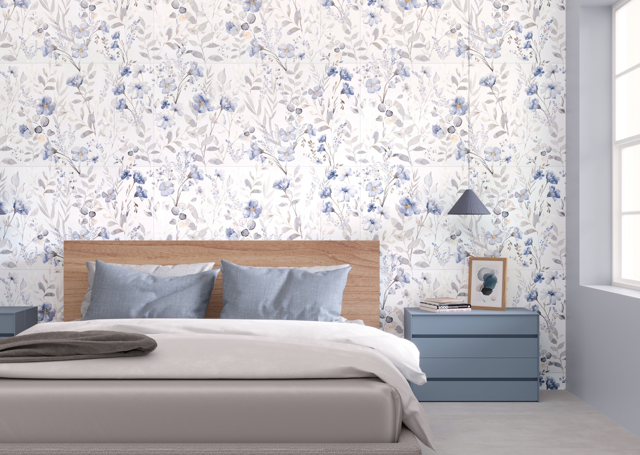 Fliese Blumen-Dekor weiß-blau Sakura Dekorfliese Schlafzimmer Ambiente