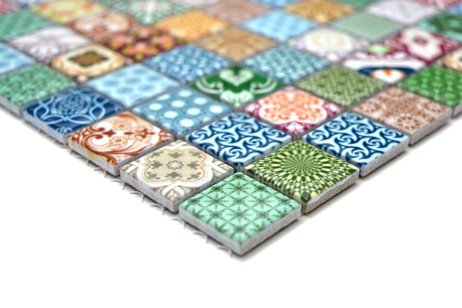 Mosaikfliesen Retro-Dekor bunt glänzend 30x30cm auf Netz