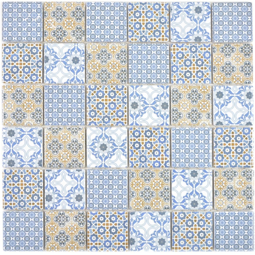 Mosaikfliesen Patchwork Retro Ornamente glänzend 29,7x29,7cm auf Netz
