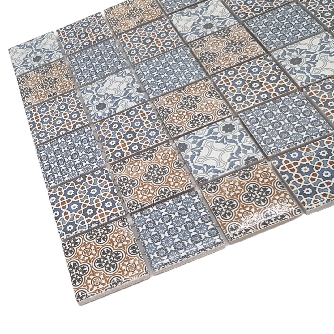 Mosaikfliesen Patchwork Retro Ornamente glänzend 29,7x29,7cm auf Netz