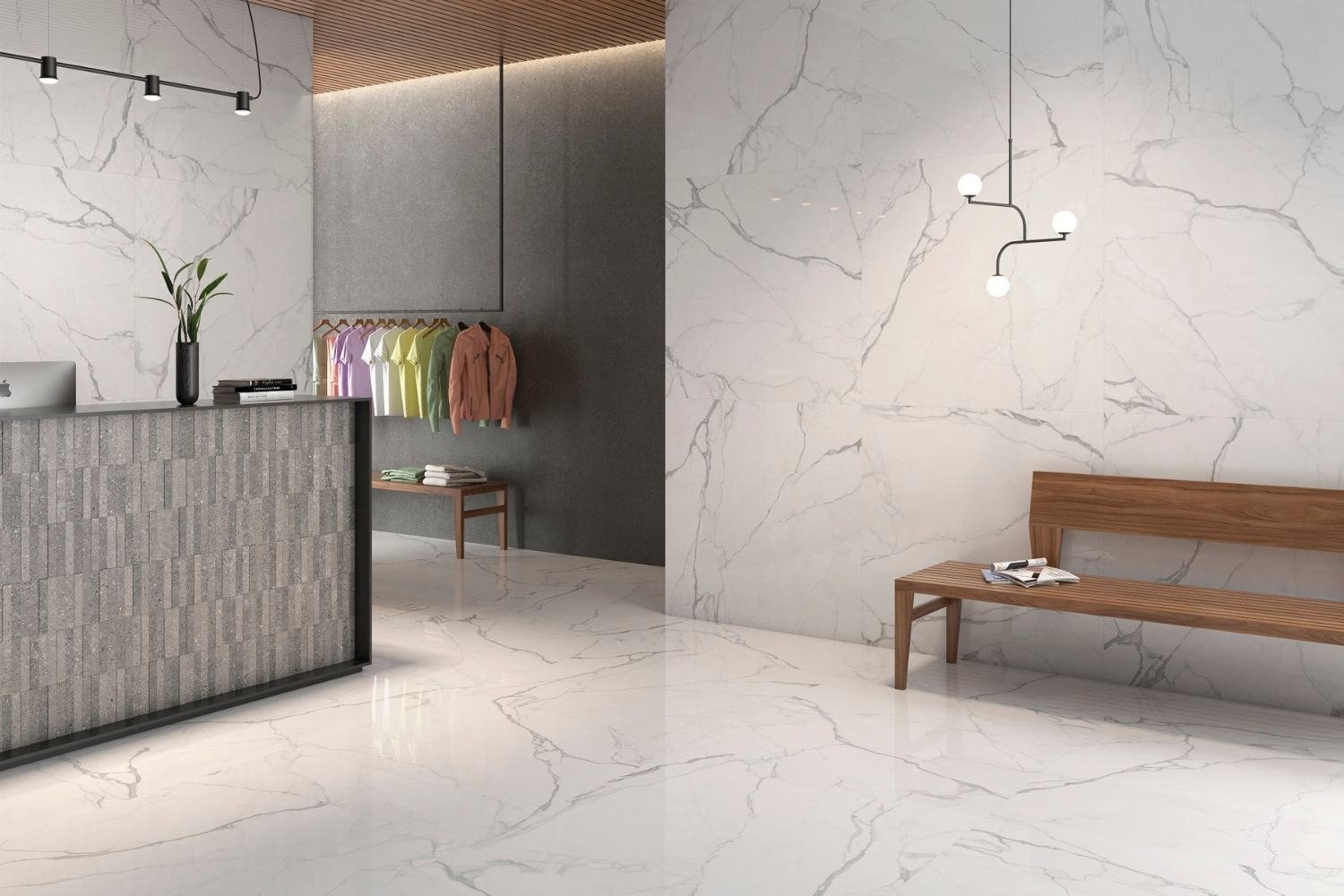 Fliese weiß marmoriert Calacatta-Marmor-Optik poliert glänzend "Artemisa Blanco" rektifiziert 120x120 cm
