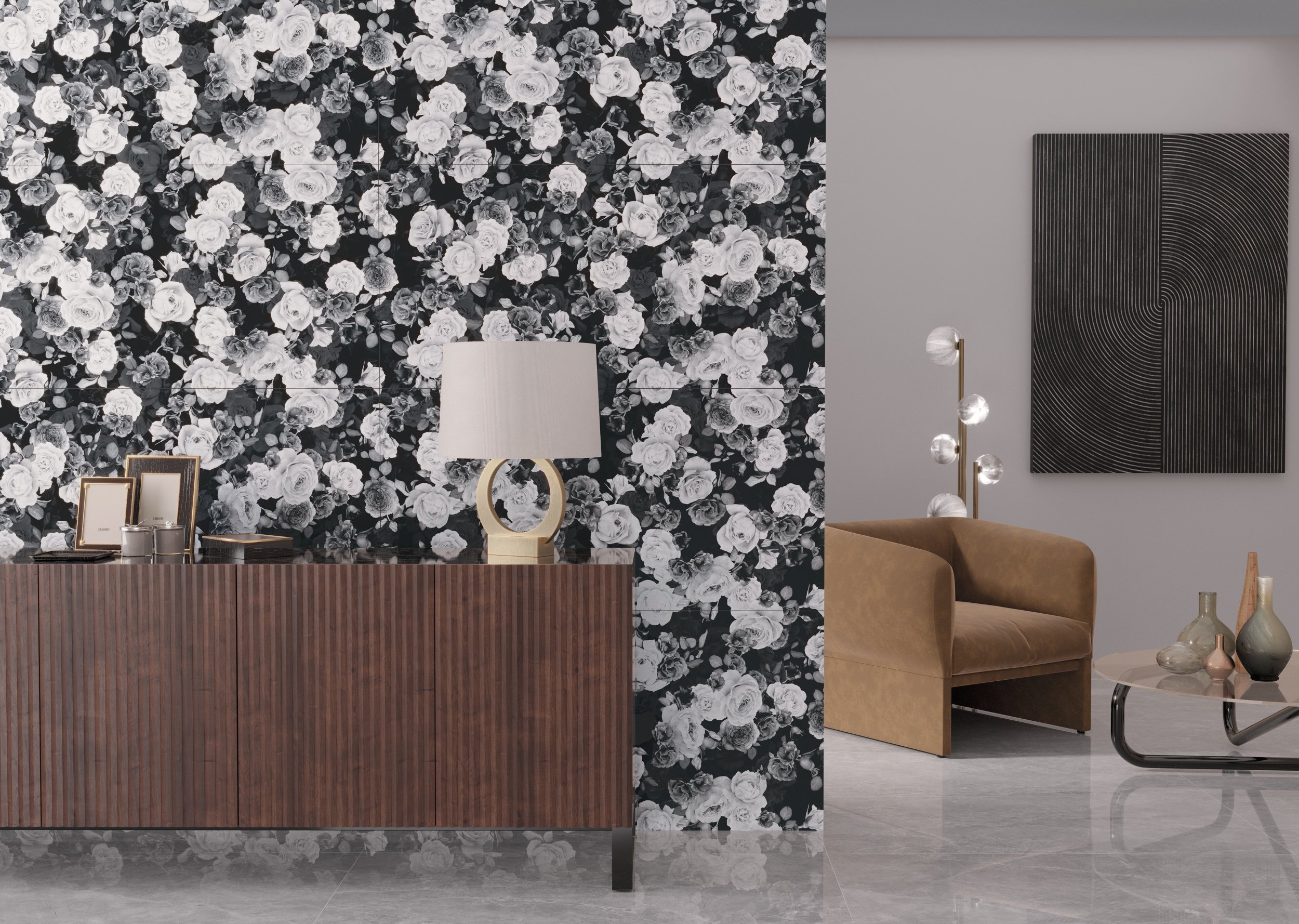 Fliese Blumen-Dekor Rosen Romantic schwarz Wandbild Dekorfliese Ambiente