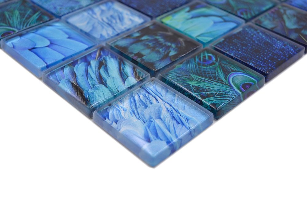 Mosaikfliesen Quadrat Crystal Wildlife blue glänzend 29,8x29,8cm