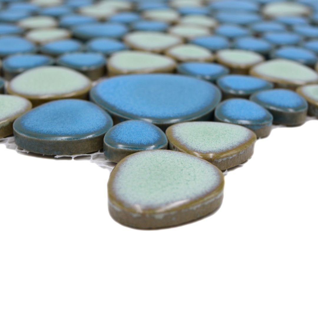 Mosaikfliesen Keramik Kiesel hellblau/hellgrün glänzend 30x30 cm