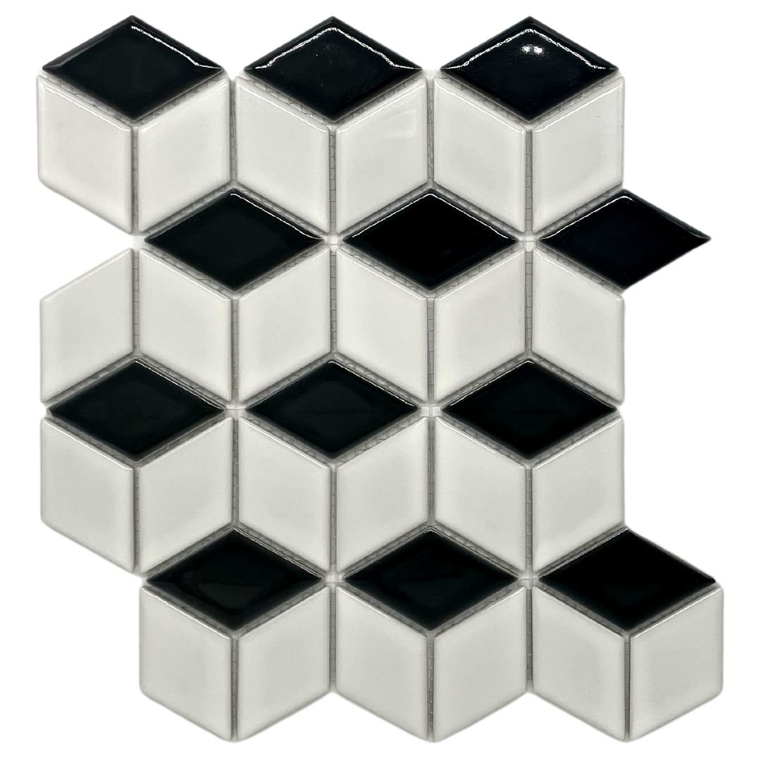 Mosaikfliesen 3D Würfel weiß/schwarz glänzend 26,6cmx30,5cm Netzverklebt