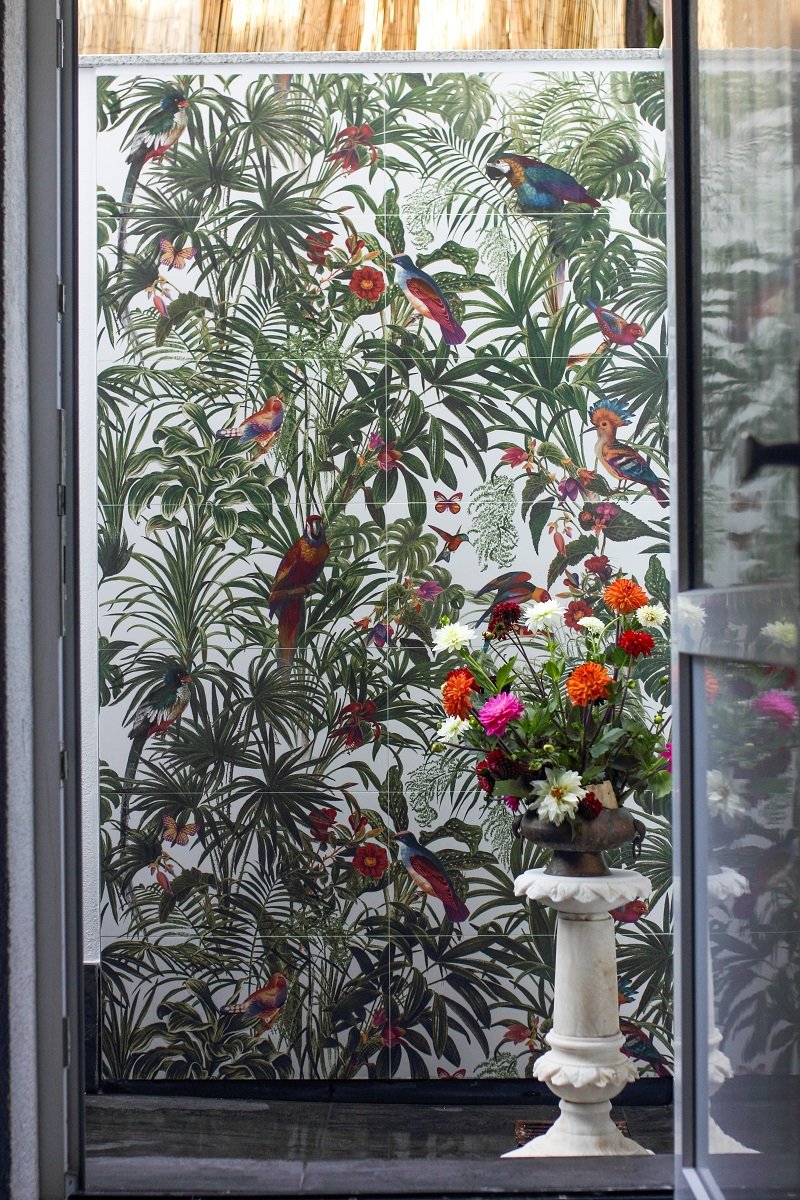 Dekorfliese Jungle Vögel Blumen Farn Wandbild Dschungel Wallpaper Pantanal