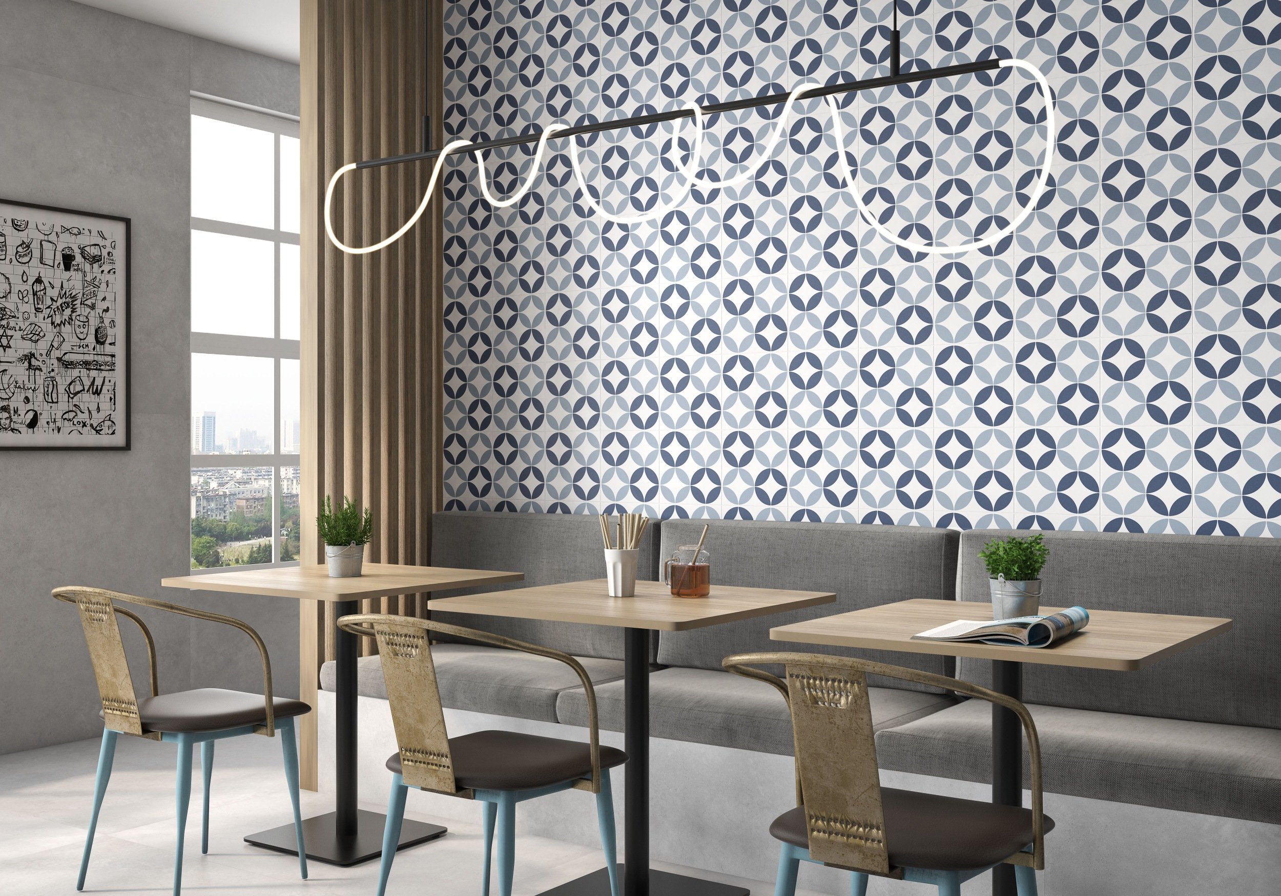Retro Fliese Patchwork-Muster blau weiß Ambiente Küche