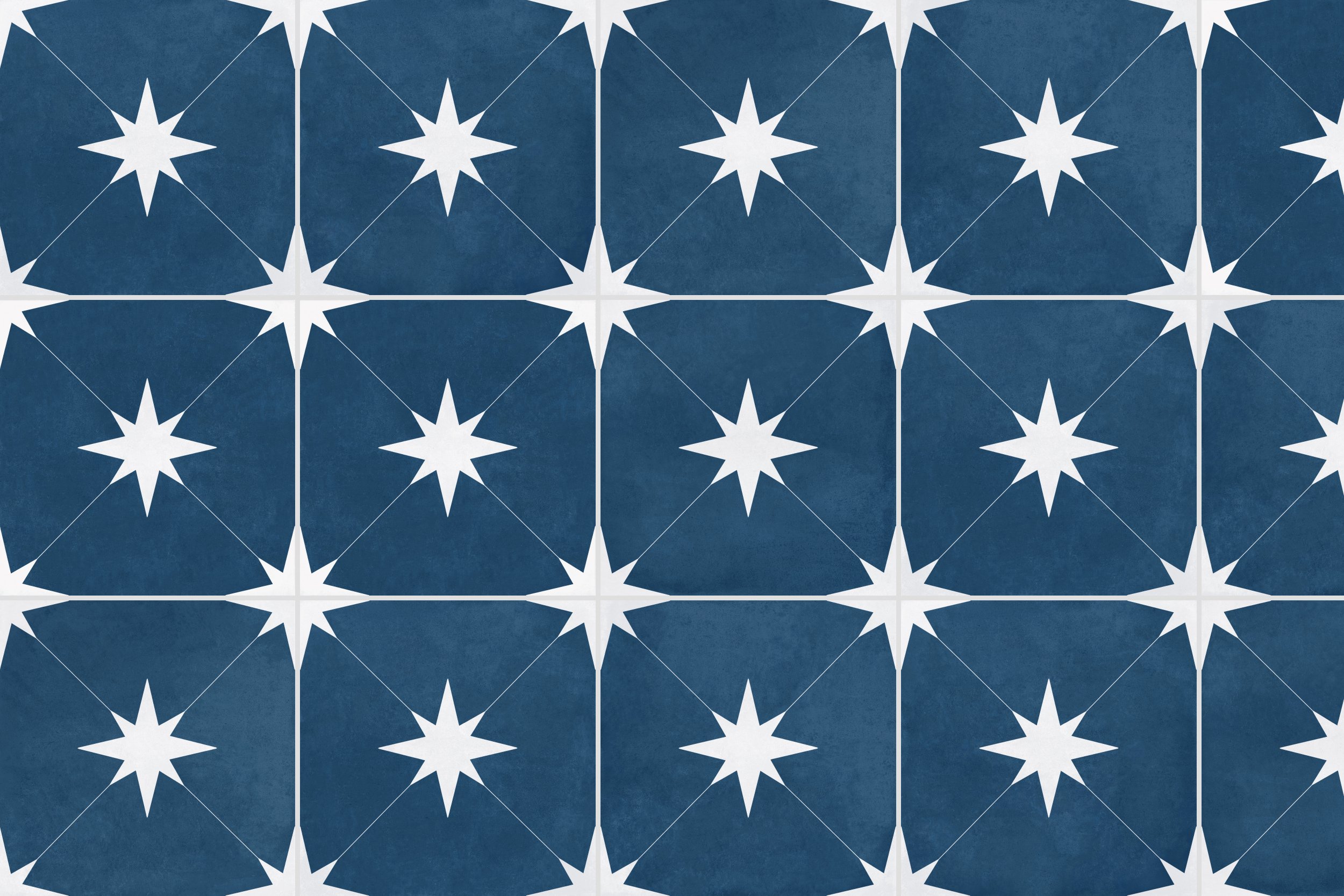 Retro-Fliese Sternenmuster Ponent blue blaue Sterne Bodenfliesen Wandfliesen weiss blau