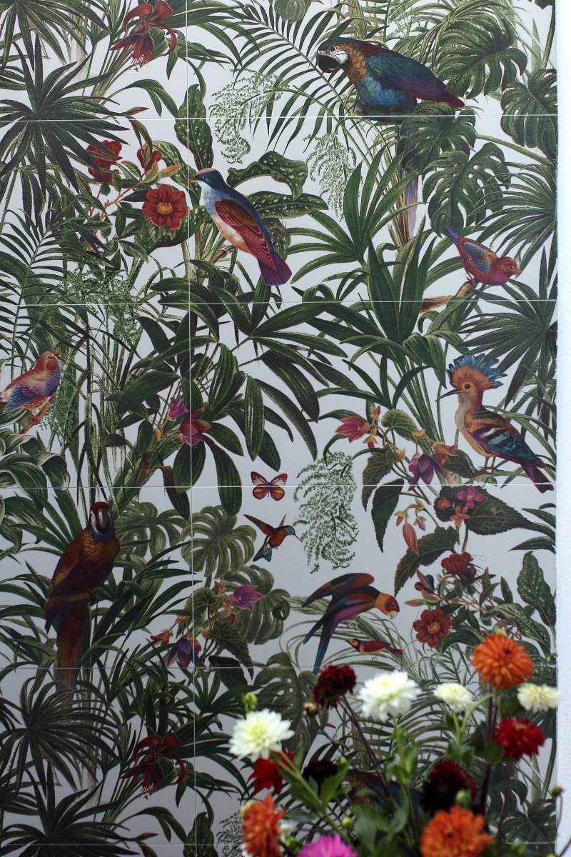 Dekorfliese Jungle Vögel Blumen Farn Wandbild Dschungel Wallpaper Pantanal