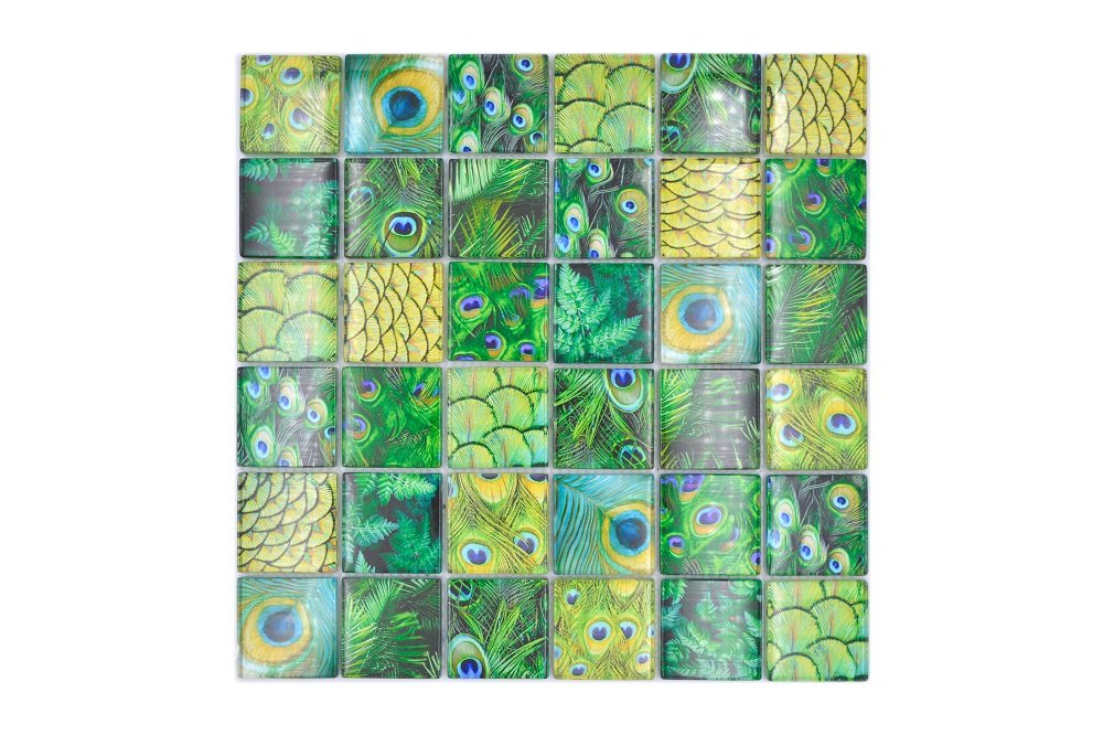 Mosaikfliesen Quadrat Crystal Wildlife Pfau grün glänzend 29,8x29,8cm